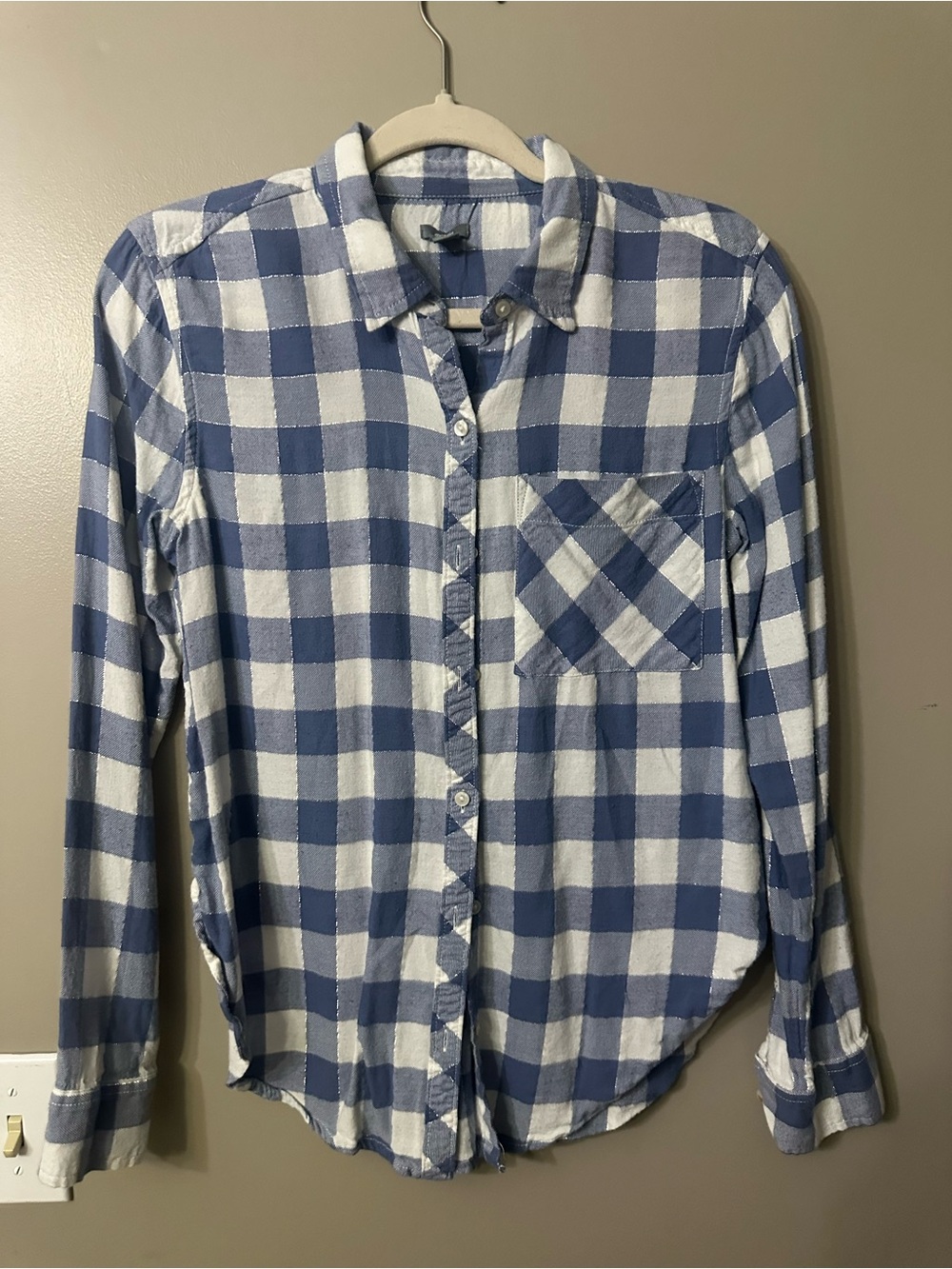 aerie Blue and White Check Plaid Button-Down Shirt